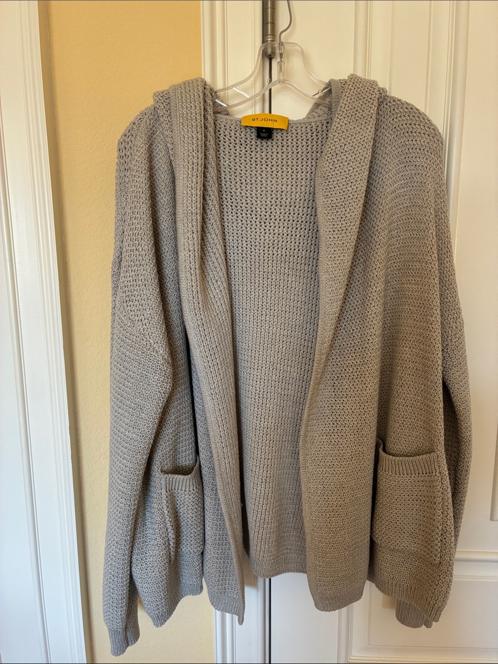 St. John Neutral Open-Knit Hooded Cardigan in Taupe Gray